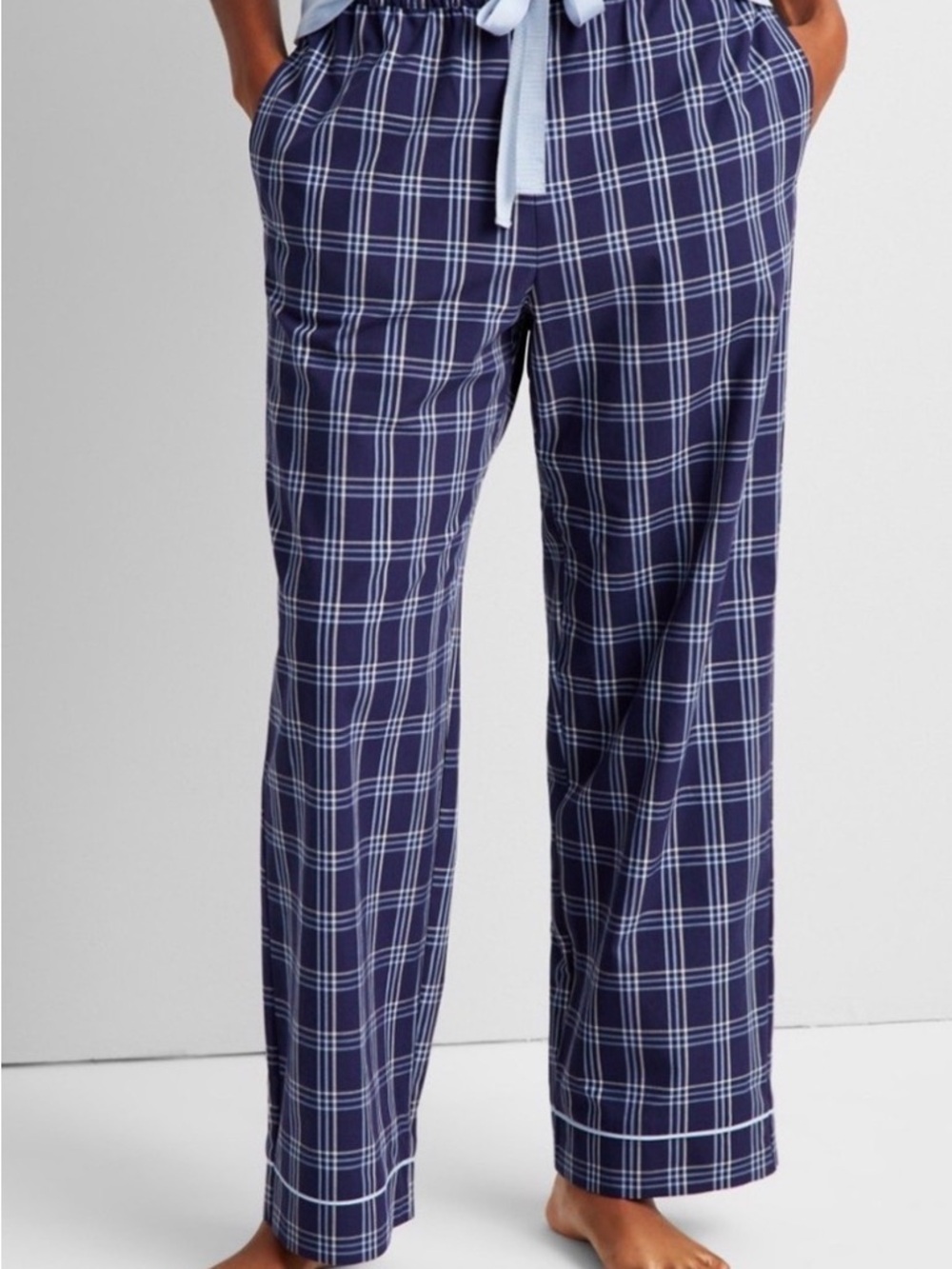 Women's Navy Plaid Pajama Pants with Light Blue Drawstring